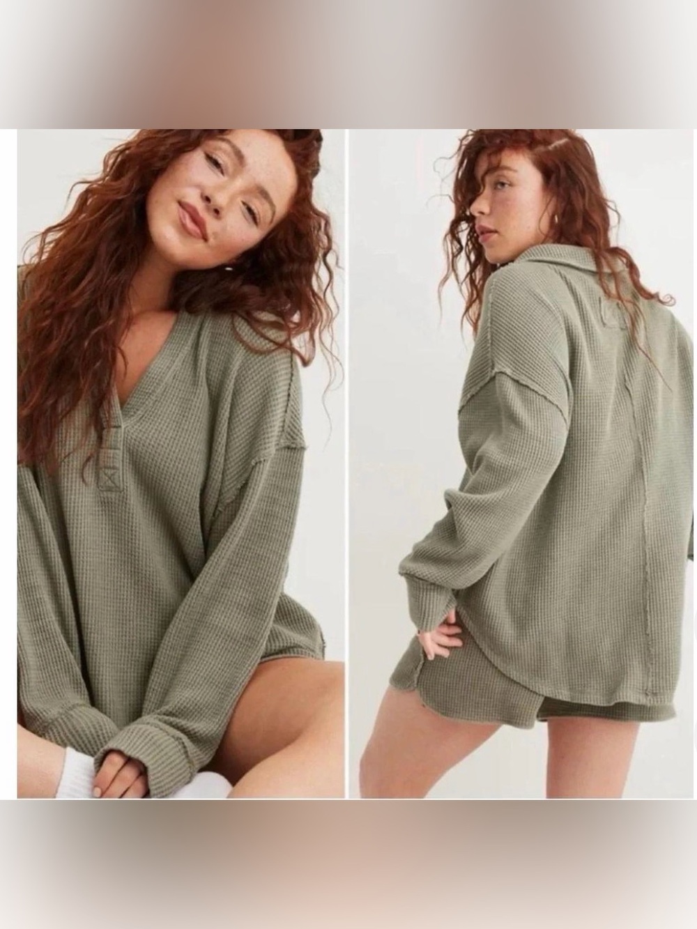 Aerie LumberJane Waffle Polo Sweatshirt, Sage Green Size Large